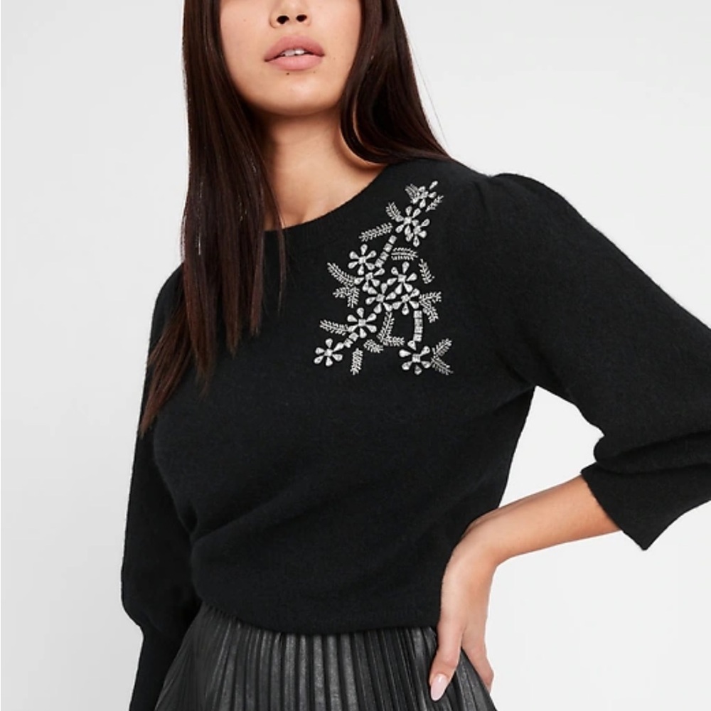 Banana Republic Sz XL Embellished Rhinestones puff sleeve Sweater black silver